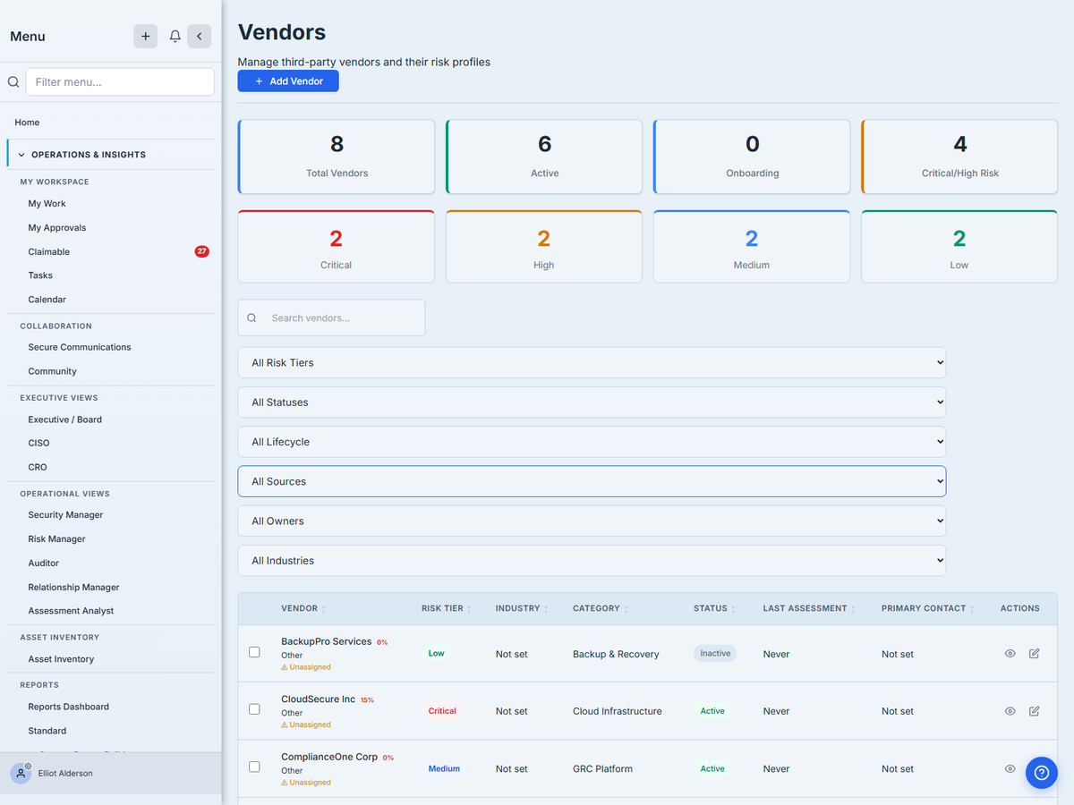 Vendor Management module dashboard