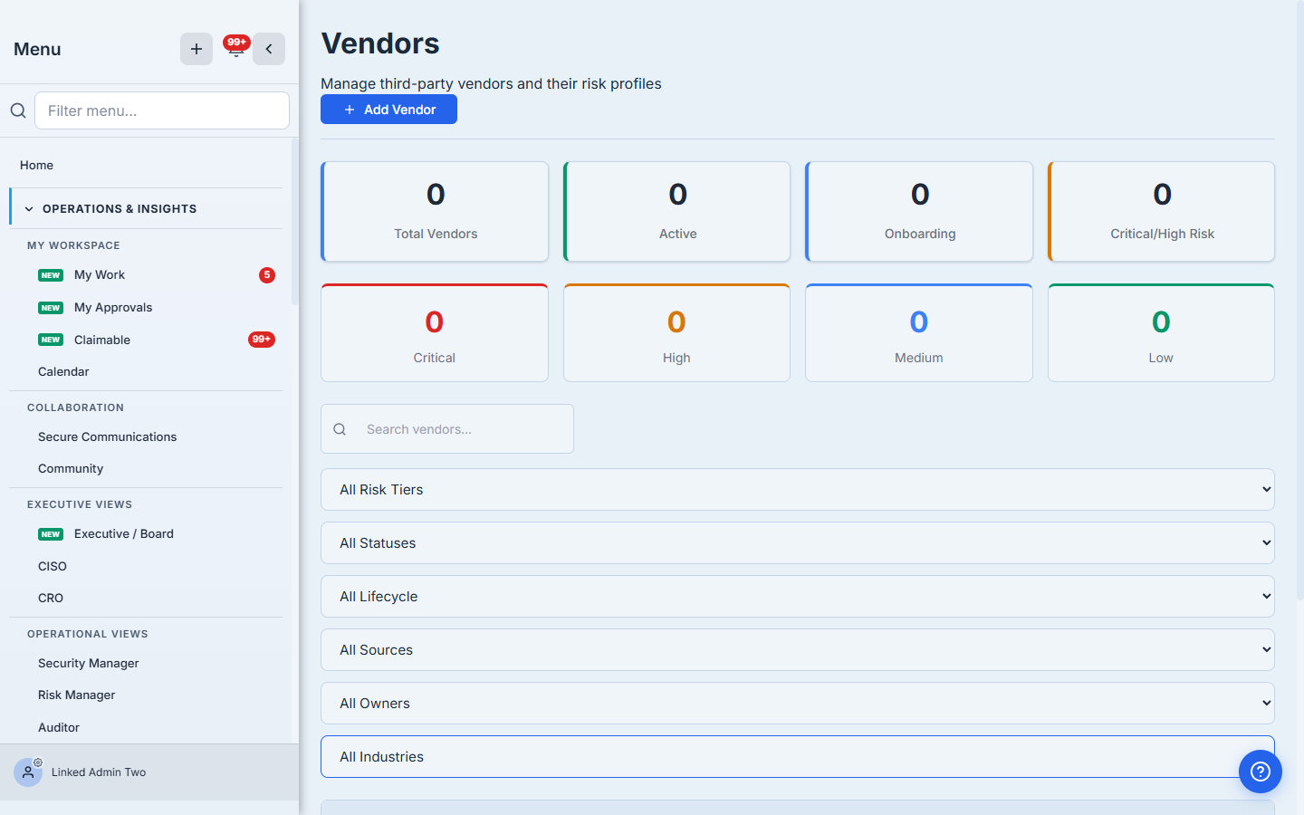 The Vendors list page with the Add Vendor button and the program KPI cards.