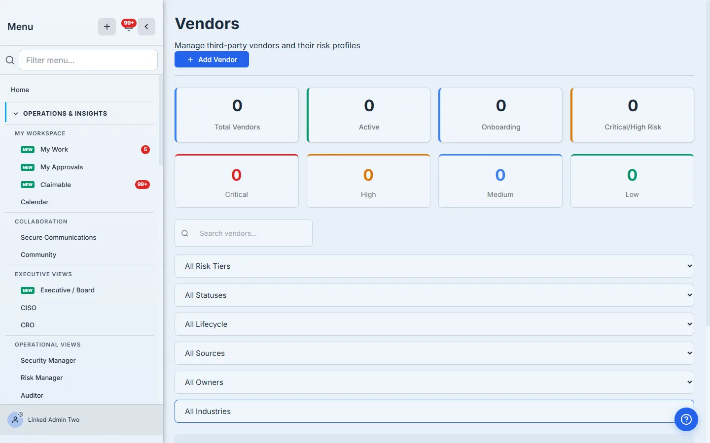 The Vendors list page with the Add Vendor button and the program KPI cards.