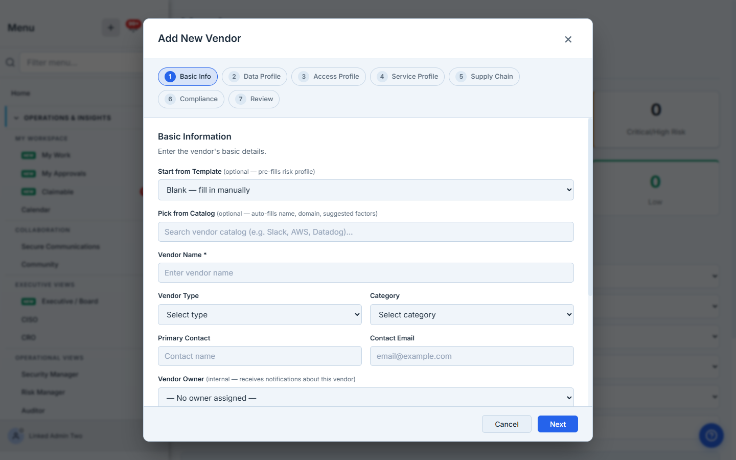 Step 1 of the Add Vendor wizard — basic information, with the template and catalog pickers at the top.