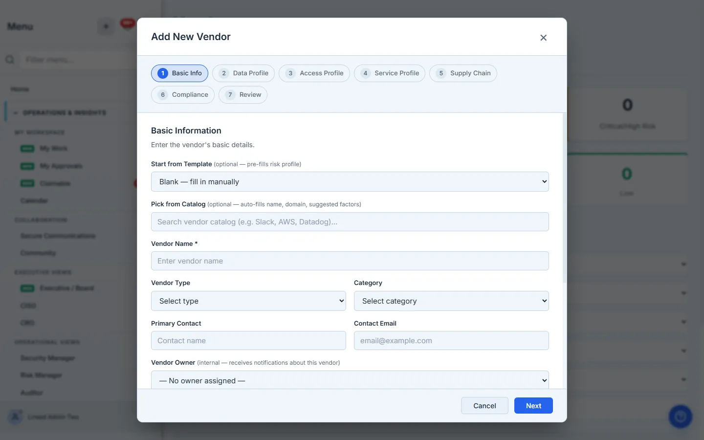 Step 1 of the Add Vendor wizard — basic information, with the template and catalog pickers at the top.