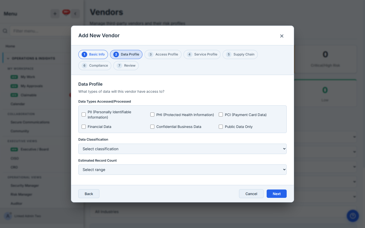 Step 2 — the data profile: which data types the vendor handles, classification, and record volume.