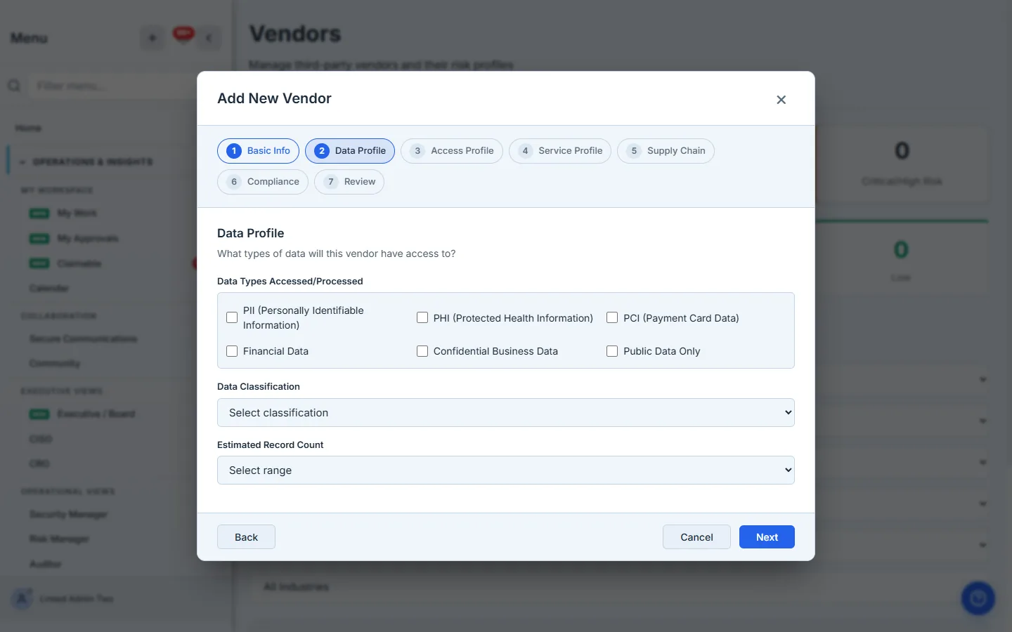 Step 2 — the data profile: which data types the vendor handles, classification, and record volume.