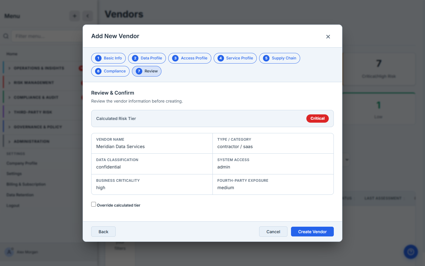 Step 7 — Review & Confirm, showing the calculated risk tier from the captured factors.