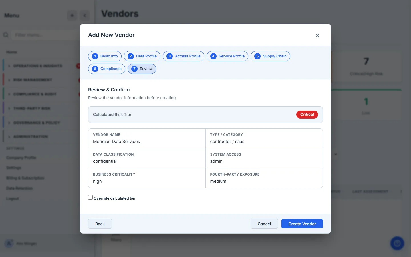 Step 7 — Review & Confirm, showing the calculated risk tier from the captured factors.