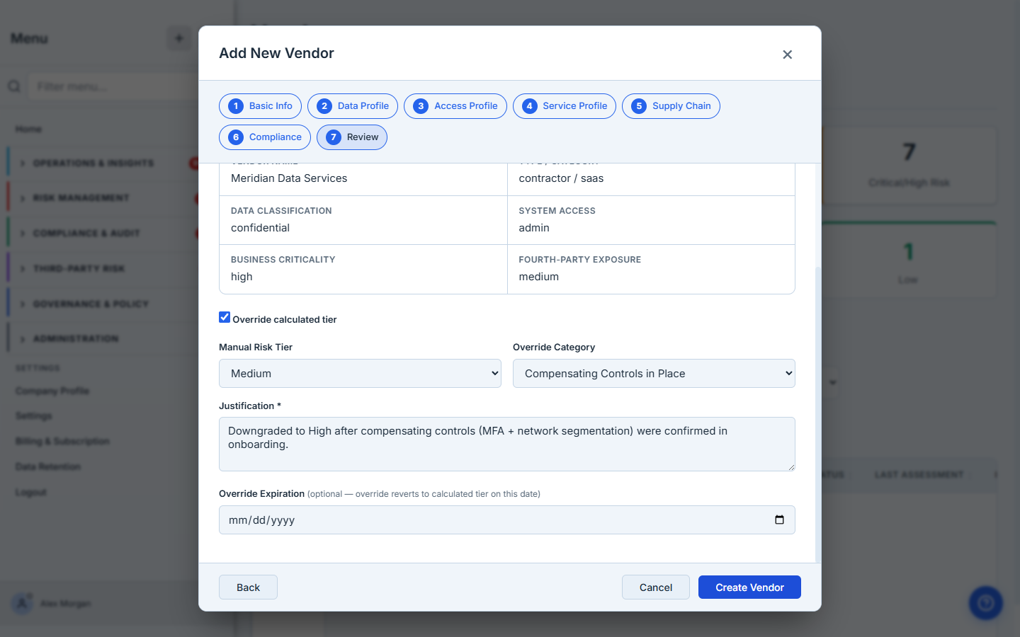 The tier-override panel — manual tier, category, required justification, and an optional expiration date.