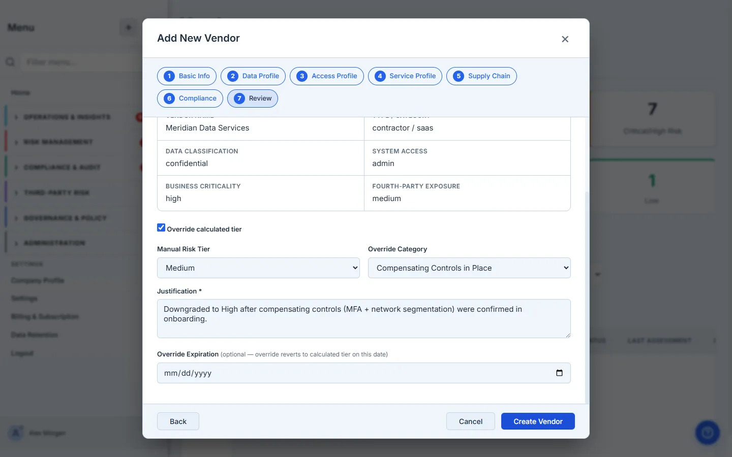 The tier-override panel — manual tier, category, required justification, and an optional expiration date.