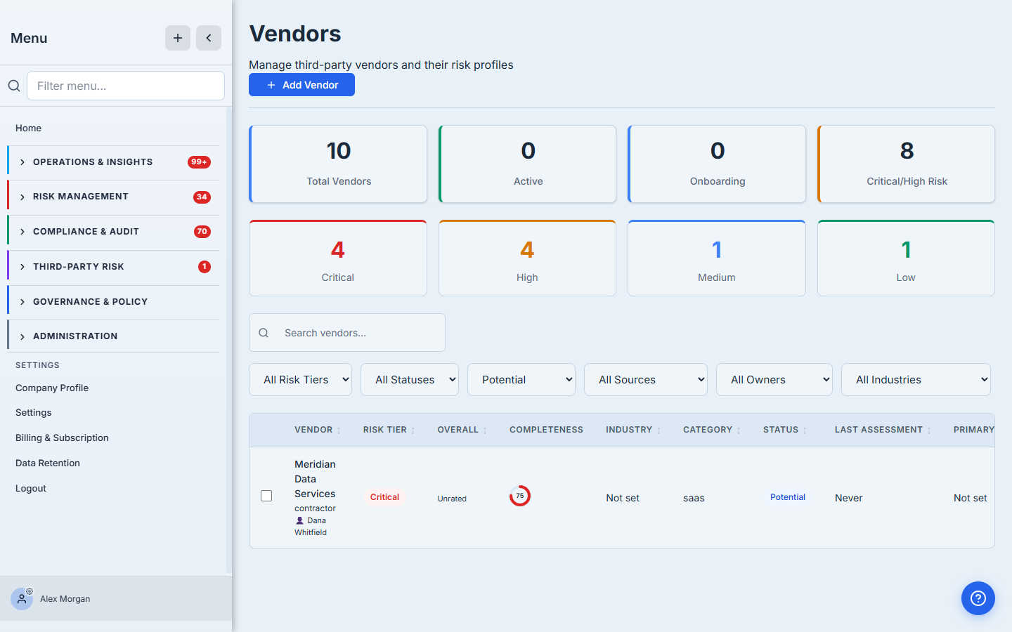 The proposed-vendor queue, filtered to Lifecycle = Proposed, with the new vendor awaiting review.