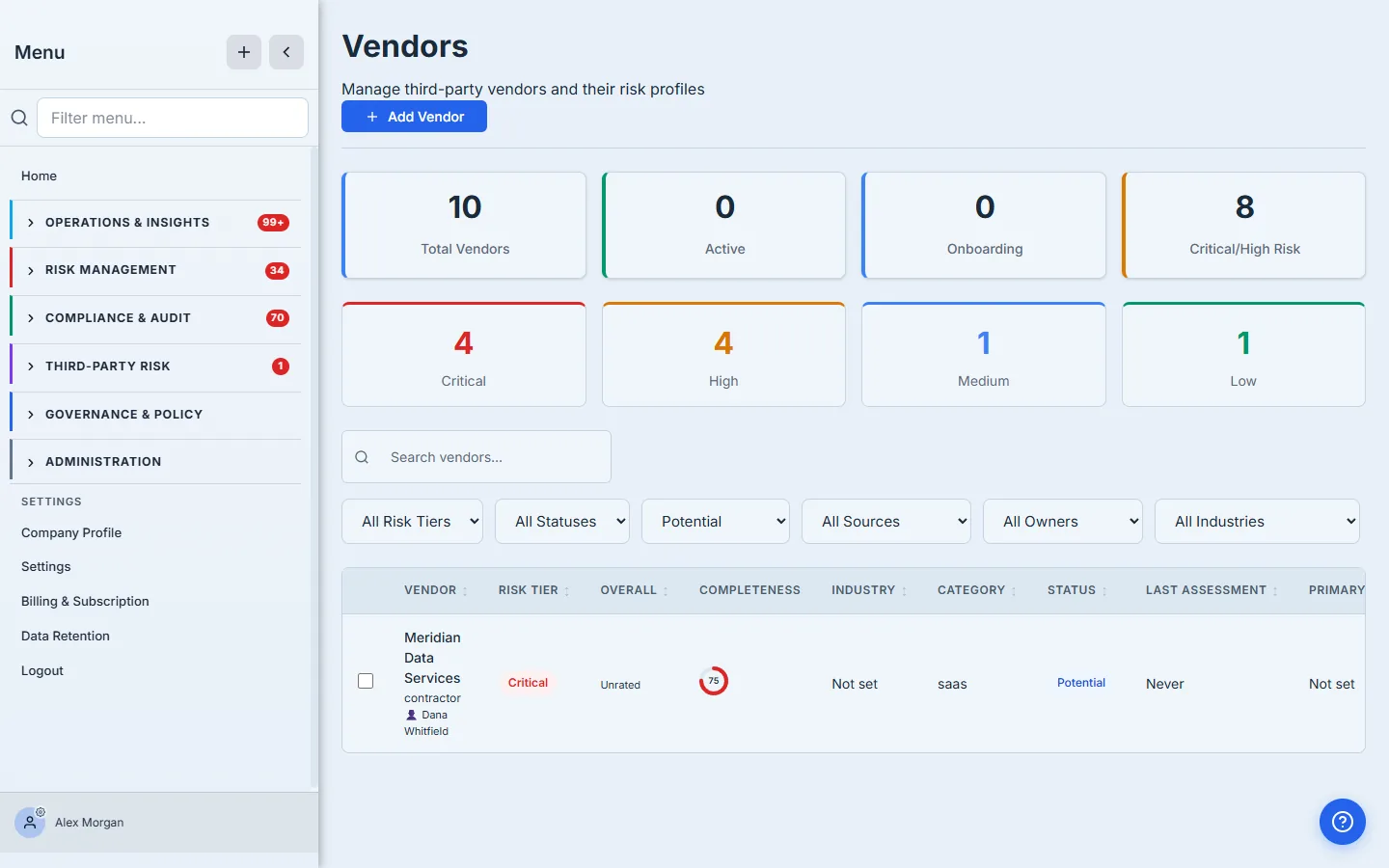 The proposed-vendor queue, filtered to Lifecycle = Proposed, with the new vendor awaiting review.