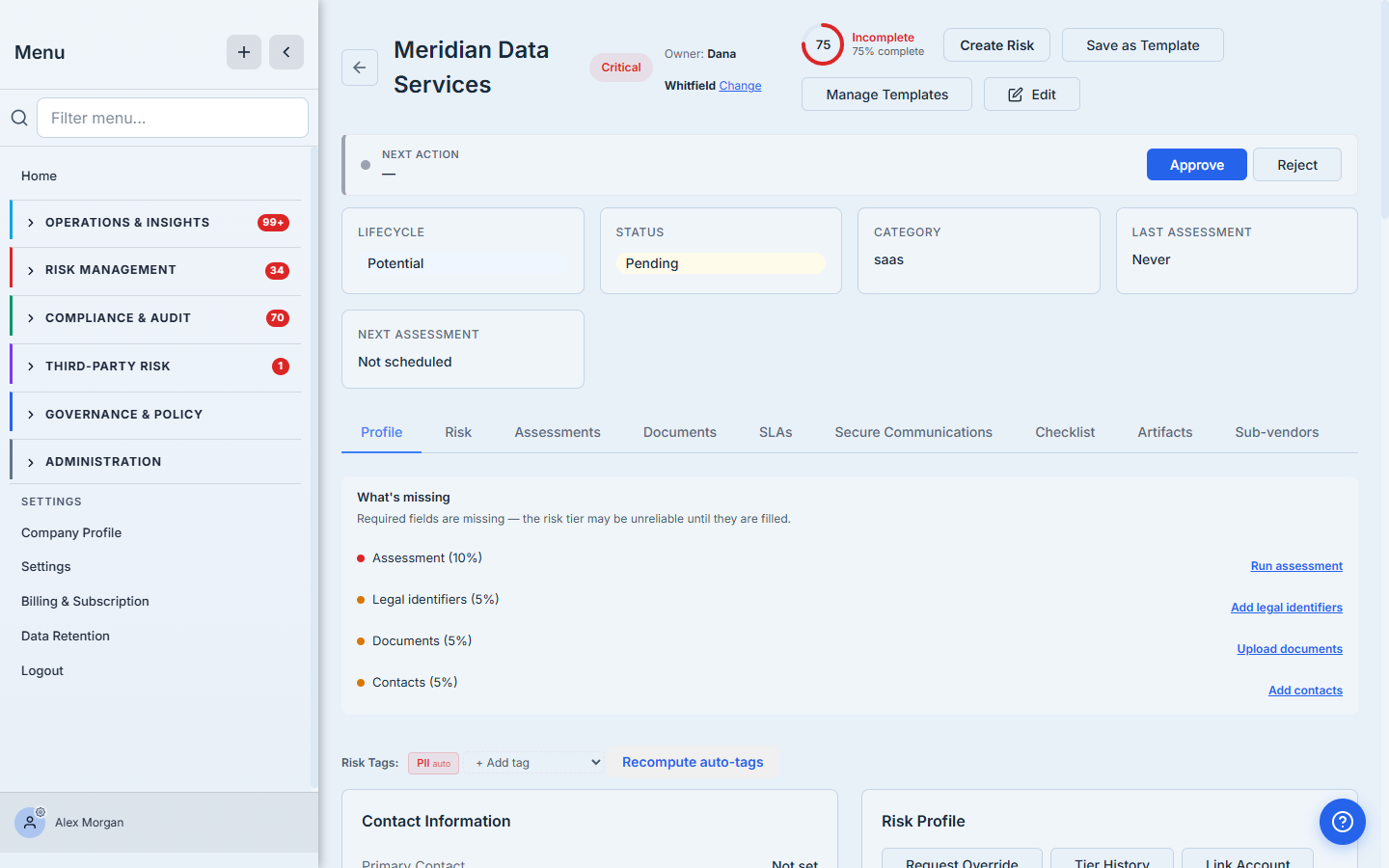 The proposed vendor's detail page with Approve and Reject in the action bar.