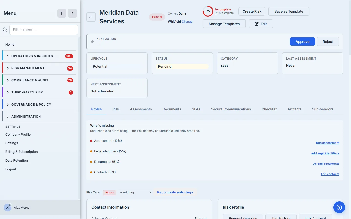 The proposed vendor's detail page with Approve and Reject in the action bar.