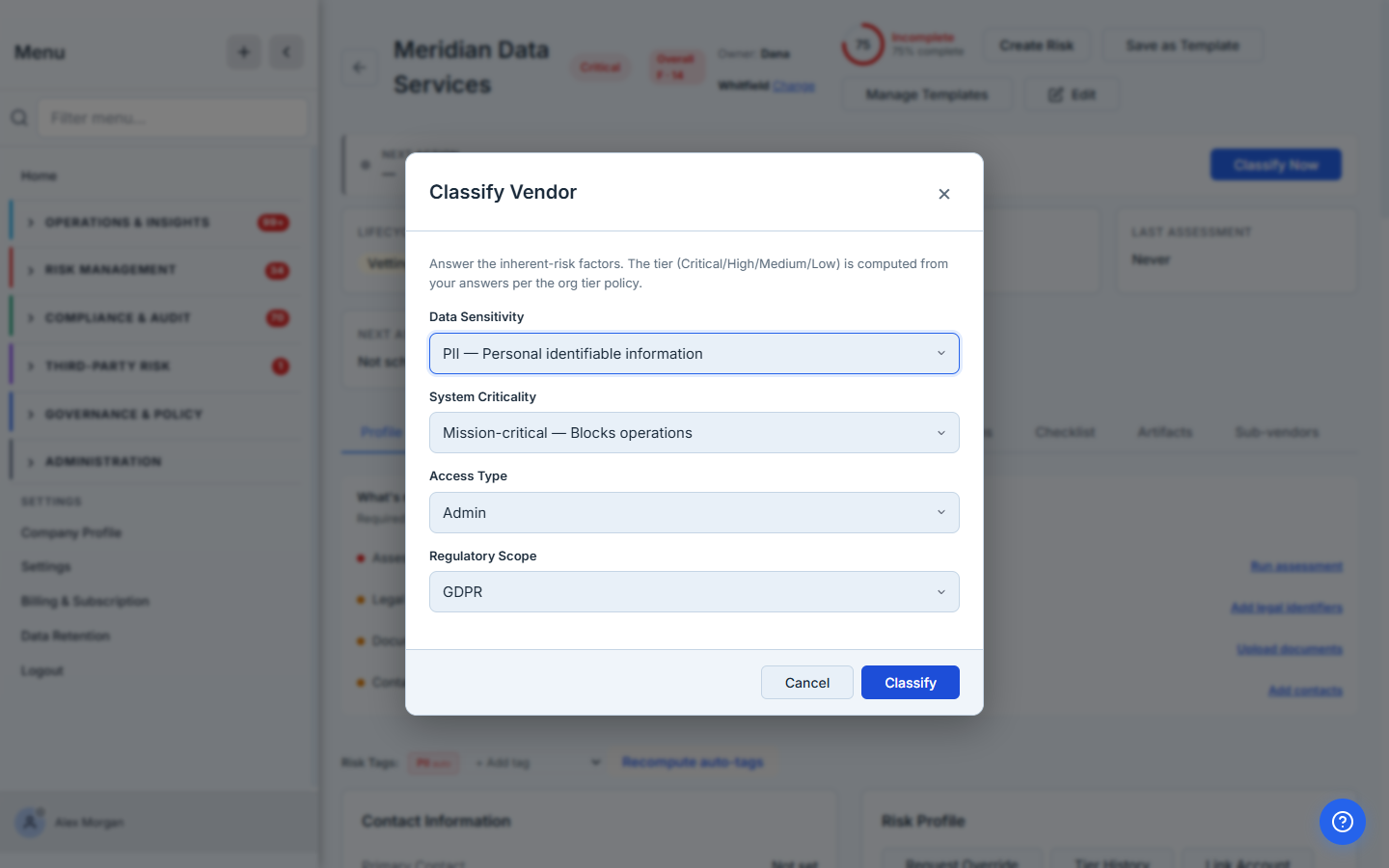 The classify dialog — confirm the inherent-risk factors; the tier is computed per the org tier policy.