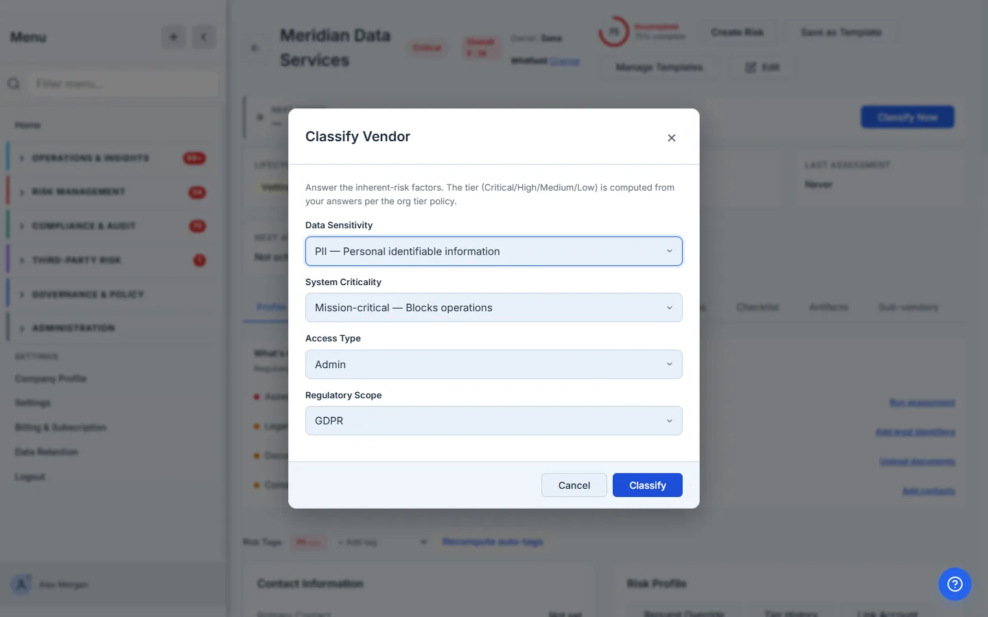 The classify dialog — confirm the inherent-risk factors; the tier is computed per the org tier policy.