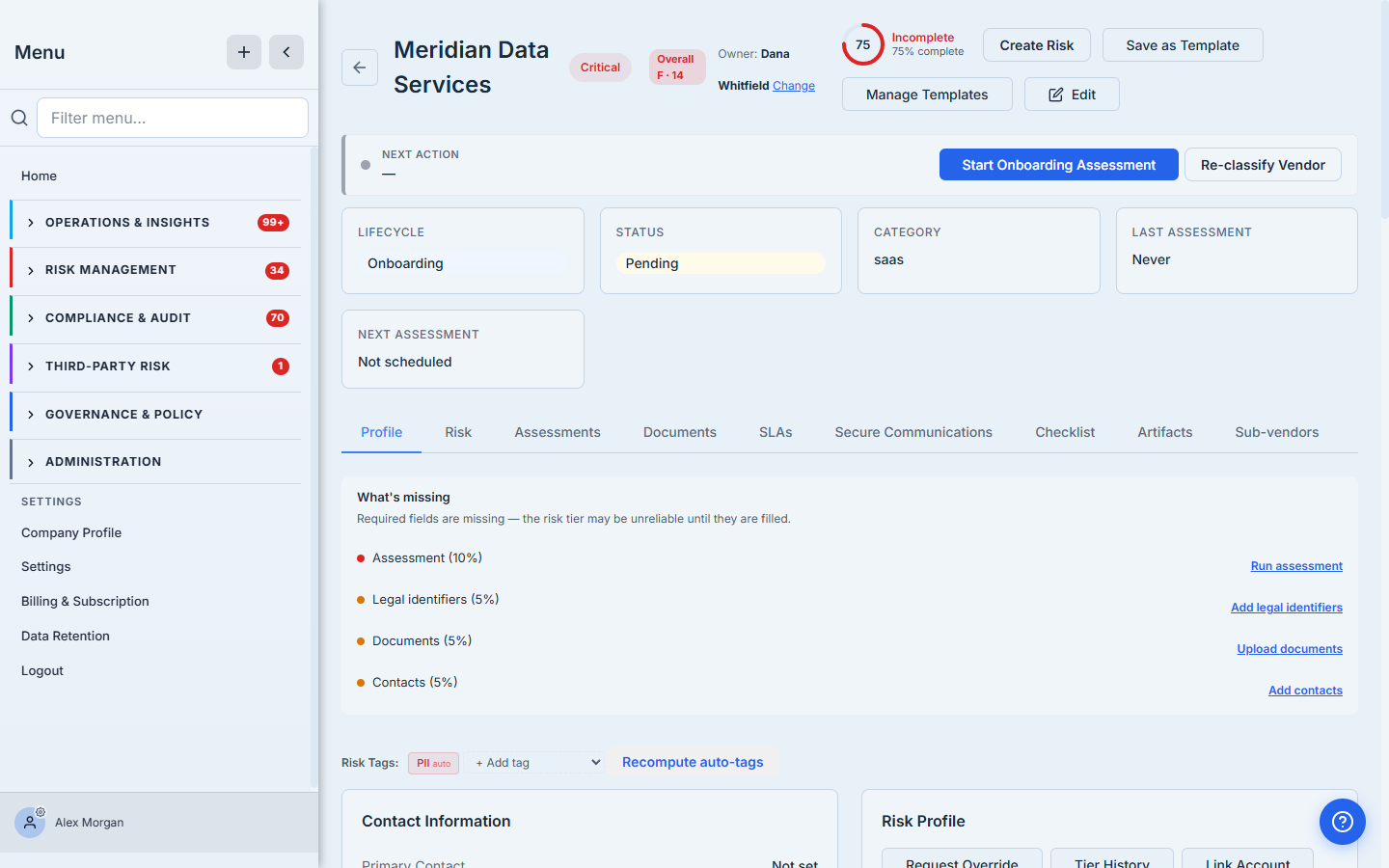 The vendor in the Onboarding state after classification, with the computed tier and the next action.