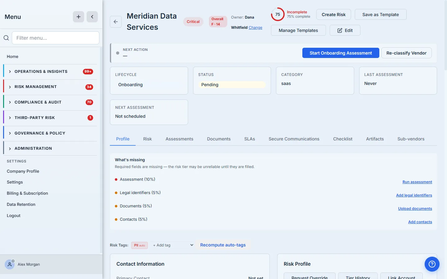 The vendor in the Onboarding state after classification, with the computed tier and the next action.