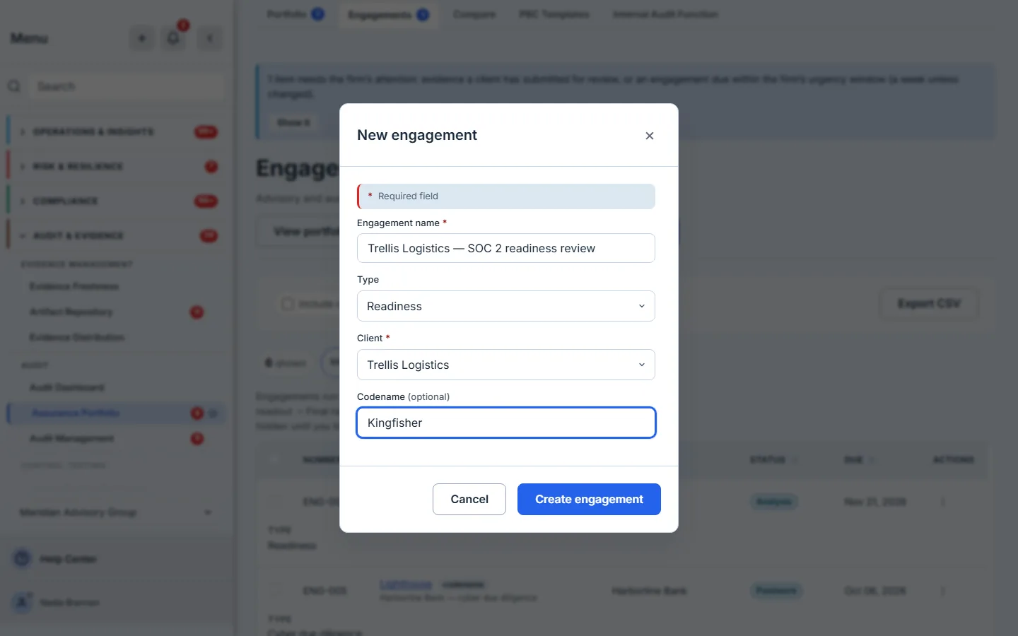 The New engagement dialog: engagement name, type Readiness, client Trellis Logistics and the optional codename, with Create engagement.