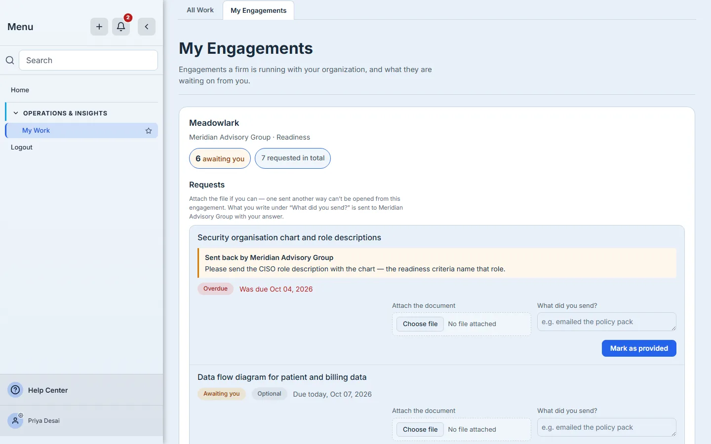 My Engagements as the client's contact: the engagement with how many requests are awaiting them and how many were requested in total, a request the firm sent back with the firm's note and its overdue date, and for each request a file to attach, a note and Mark as provided.
