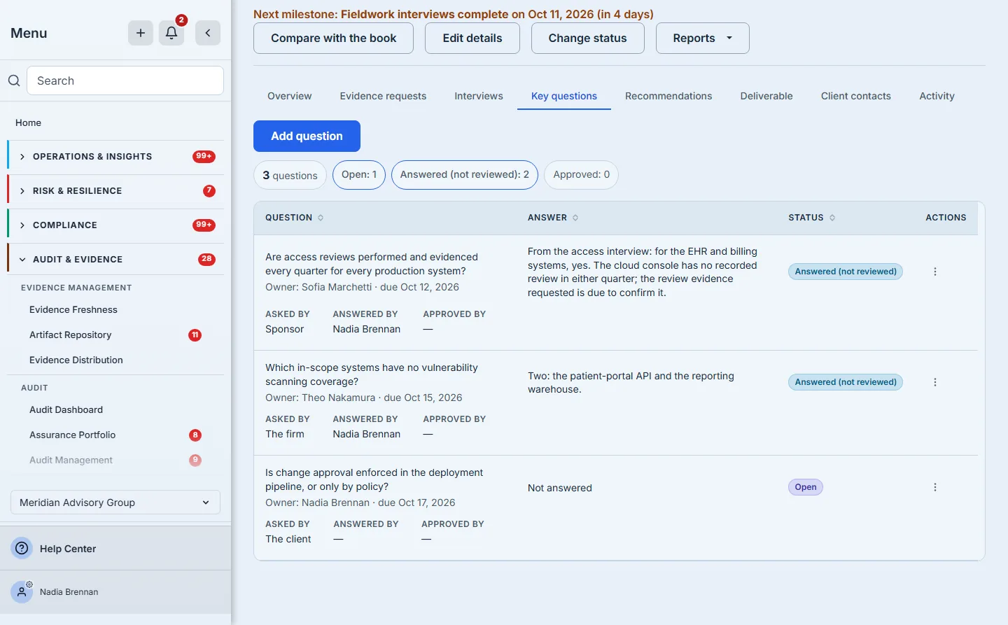 Meadowlark's key questions: each with which side asked it, its owner and due date, the answer so far and who answered it, its status, and an Approved by column that stays empty until someone other than the answerer signs it off.