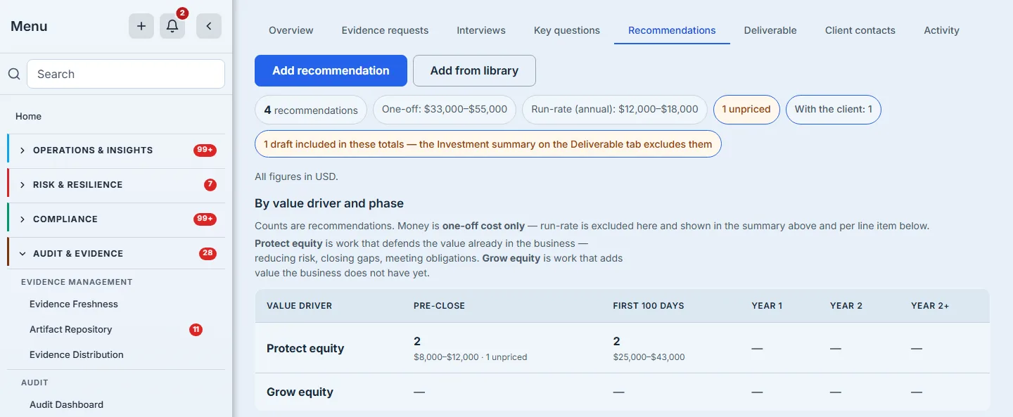 Meadowlark's recommendations: the count, the one-off and annual run-rate totals as ranges, one unpriced, one with the client, the note that one draft is included in these working totals, and the counts and costs by value driver and phase.