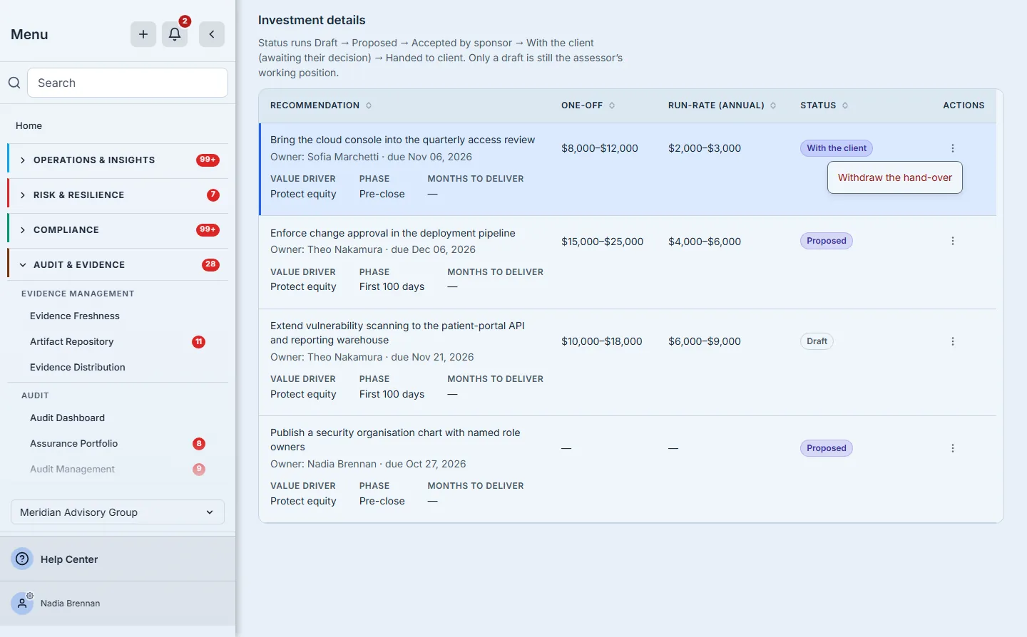 The recommendations table with the first row's action menu open: the recommendation with the client, owned by the engagement manager with its due date, and its only action, Withdraw the hand-over.