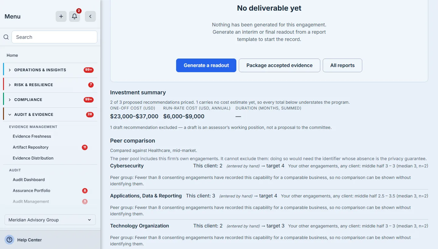 Meadowlark's Deliverable tab: no deliverable yet, with Generate a readout, Package accepted evidence and All reports; the investment summary — 2 of 3 proposed recommendations priced, one-off $23,000–$37,000 and run-rate $6,000–$9,000 a year, 1 draft excluded; and the peer comparison of each scope area's hand-entered rating against the firm's other engagements.