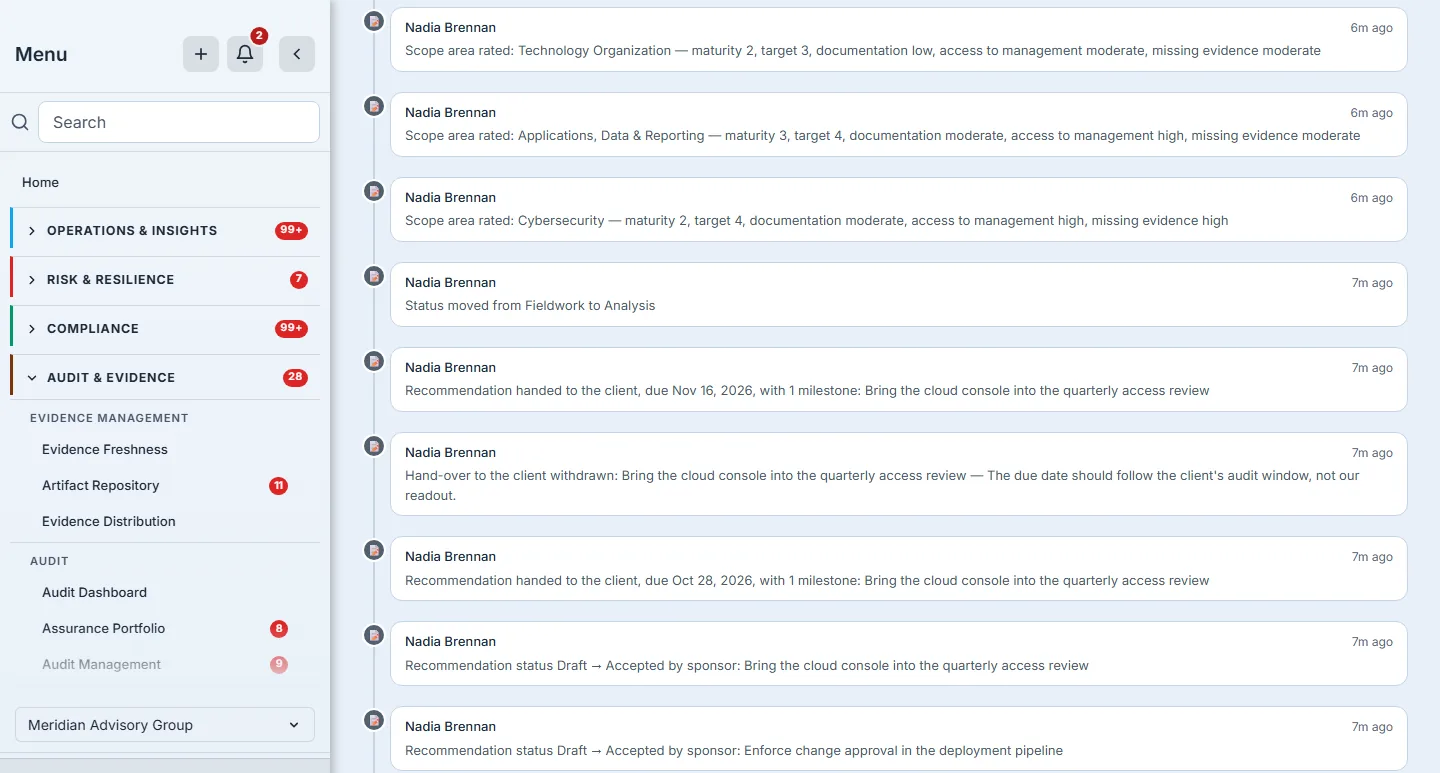 Meadowlark's Activity tab: each change as a sentence with who made it — three scope areas rated with the maturity, target and evidence ratings set, the status moved from Fieldwork to Analysis, the recommendation handed to the client, the hand-over withdrawn with the firm's reason, an earlier hand-over, and two recommendations moved to Accepted by sponsor, as the partner recorded them (the newer entries above this view include one of the two set back to Proposed).