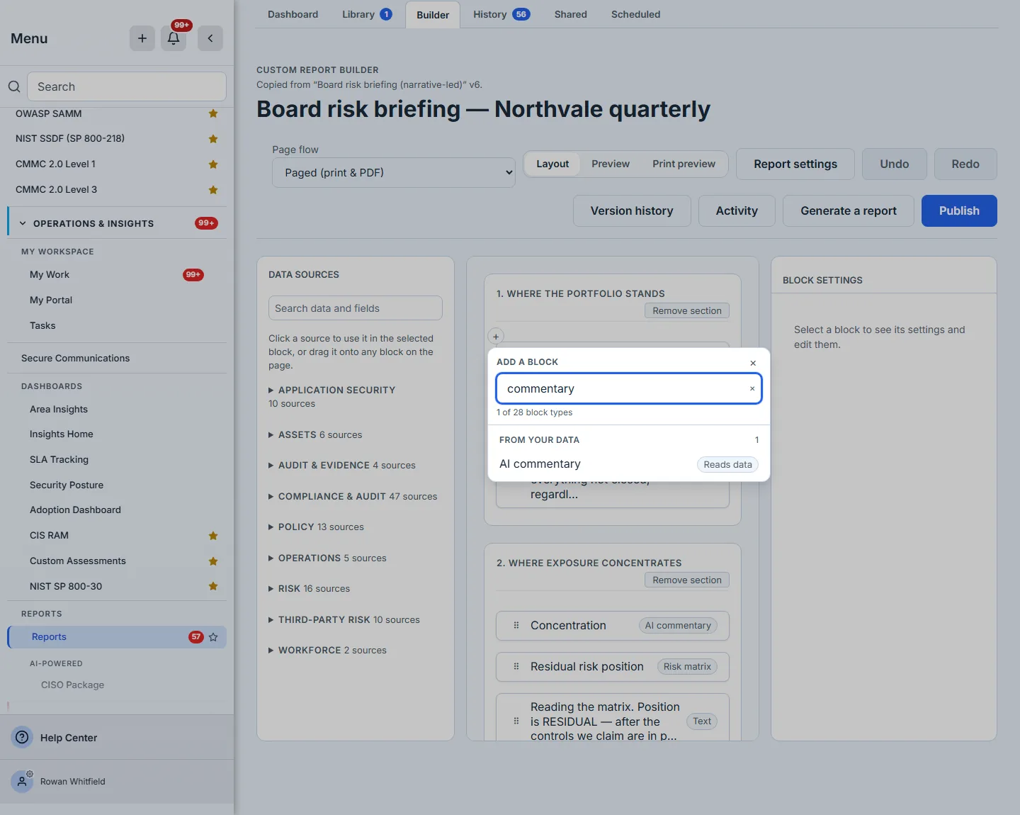The block picker, the From your data group, the AI commentary row and its Reads data chip.