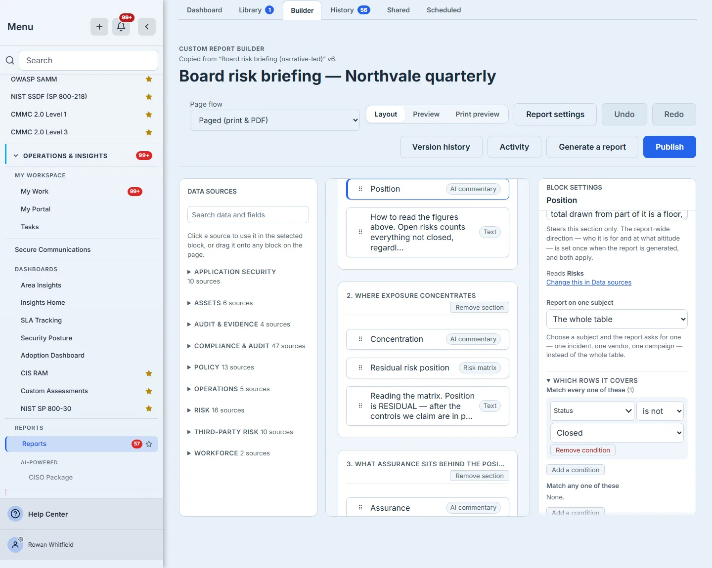 Block settings: the Reads line, and under Which rows it covers the filter this section applies.