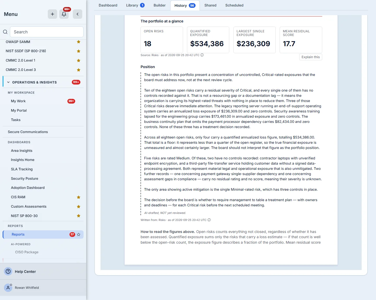 A generated section marked AI-drafted, NOT yet reviewed, with its dashed margin rule.