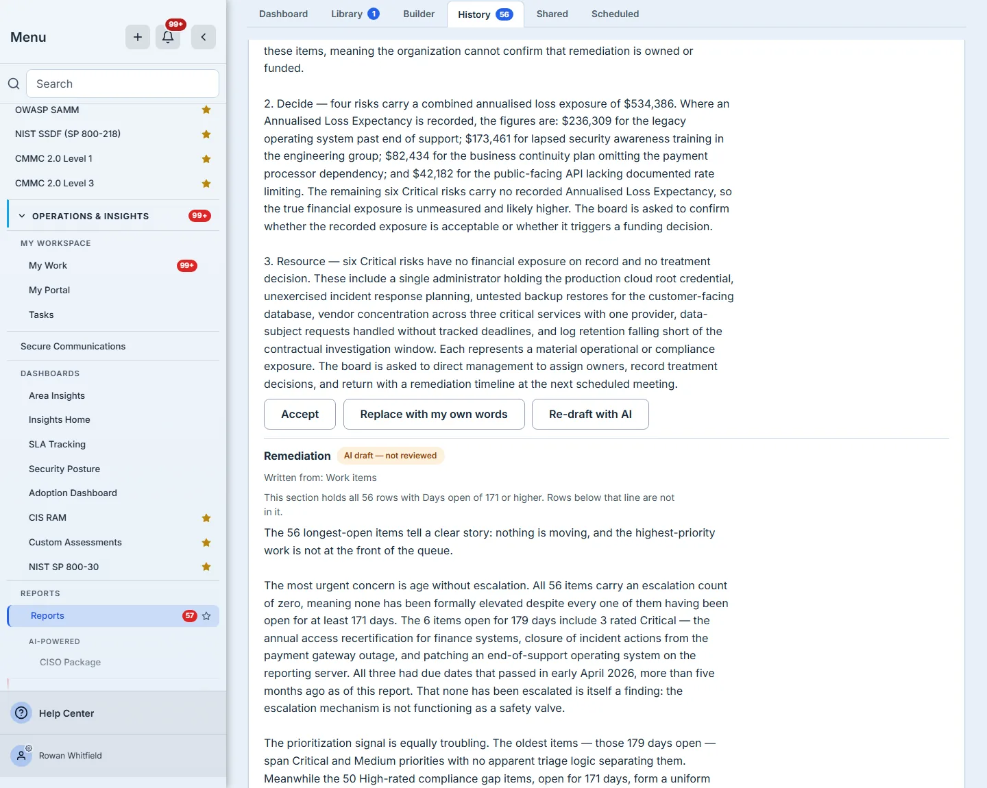 One section's own controls: Accept, Replace with my own words and Re-draft with AI.
