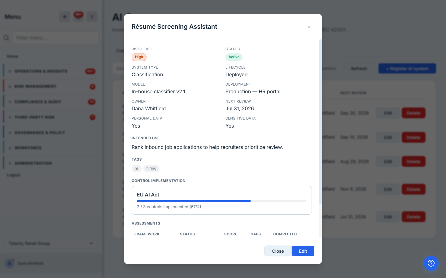 The detail drawer for the Résumé Screening Assistant: a metadata grid (high risk, active, classification, deployed, in-house model, production HR portal, processes personal and sensitive data), its intended use and tags, a EU AI Act control-implementation bar reading 2 / 3 controls implemented (67%), and an assessments section.