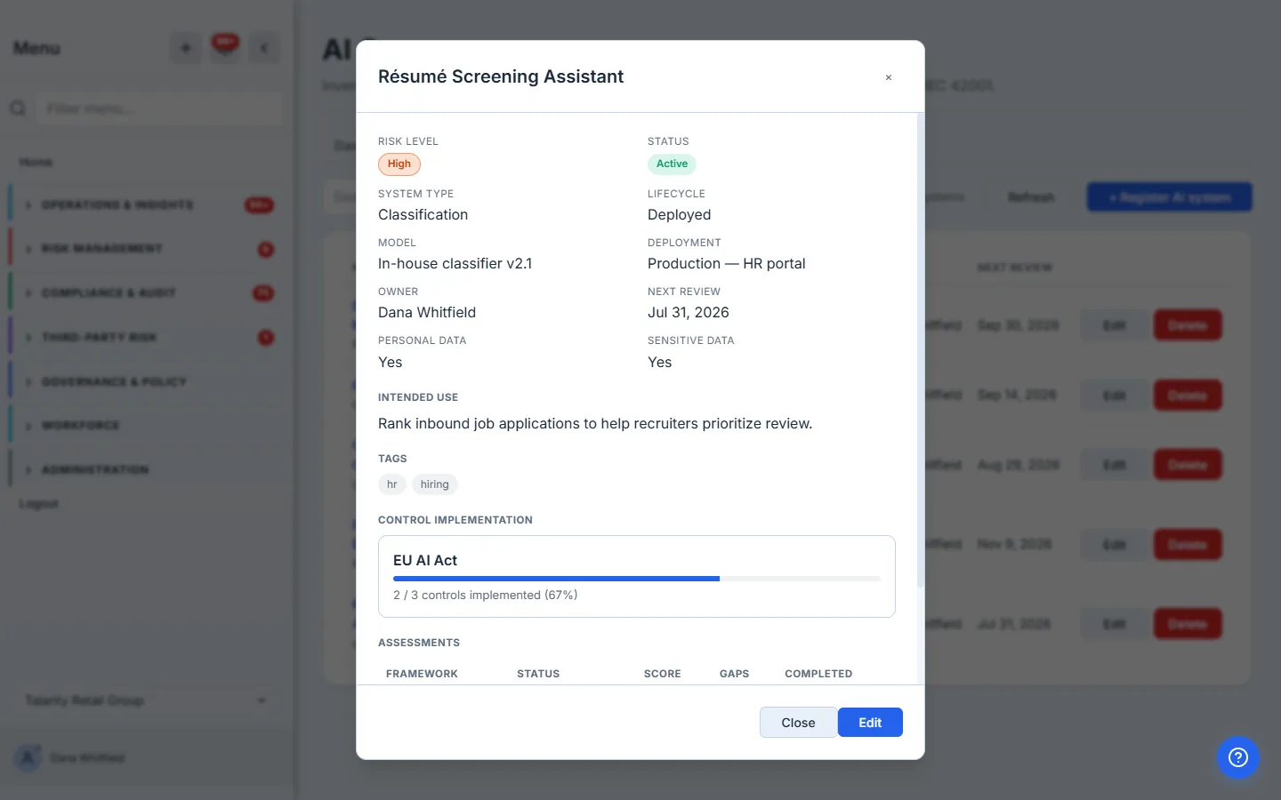 The detail drawer for the Résumé Screening Assistant: a metadata grid (high risk, active, classification, deployed, in-house model, production HR portal, processes personal and sensitive data), its intended use and tags, a EU AI Act control-implementation bar reading 2 / 3 controls implemented (67%), and an assessments section.