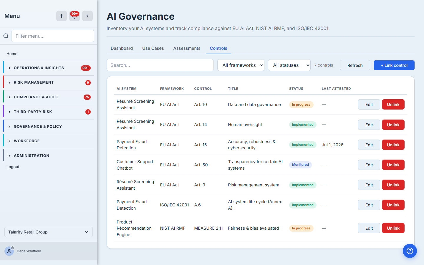 The Controls tab: seven control mappings across systems — EU AI Act Art. 9 / 10 / 14 / 15 on the Résumé Screening Assistant and Payment Fraud Detection, Art. 50 on the chatbot, an ISO 42001 Annex A control, and a NIST AI RMF fairness-and-bias control — each with an implementation-status badge and a last-attested date.