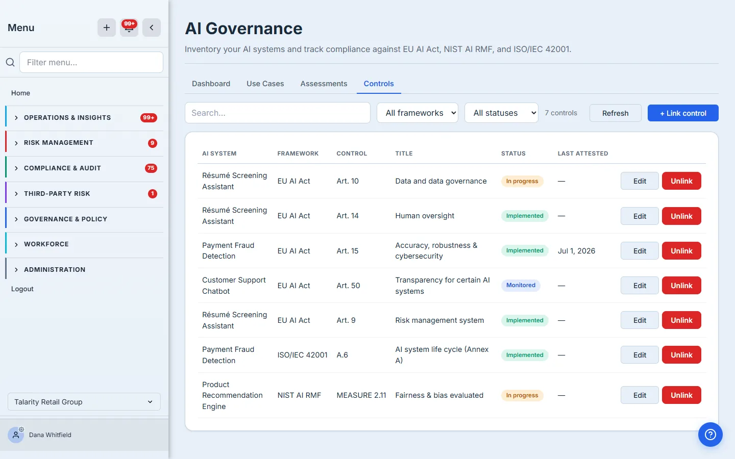 The Controls tab: seven control mappings across systems — EU AI Act Art. 9 / 10 / 14 / 15 on the Résumé Screening Assistant and Payment Fraud Detection, Art. 50 on the chatbot, an ISO 42001 Annex A control, and a NIST AI RMF fairness-and-bias control — each with an implementation-status badge and a last-attested date.