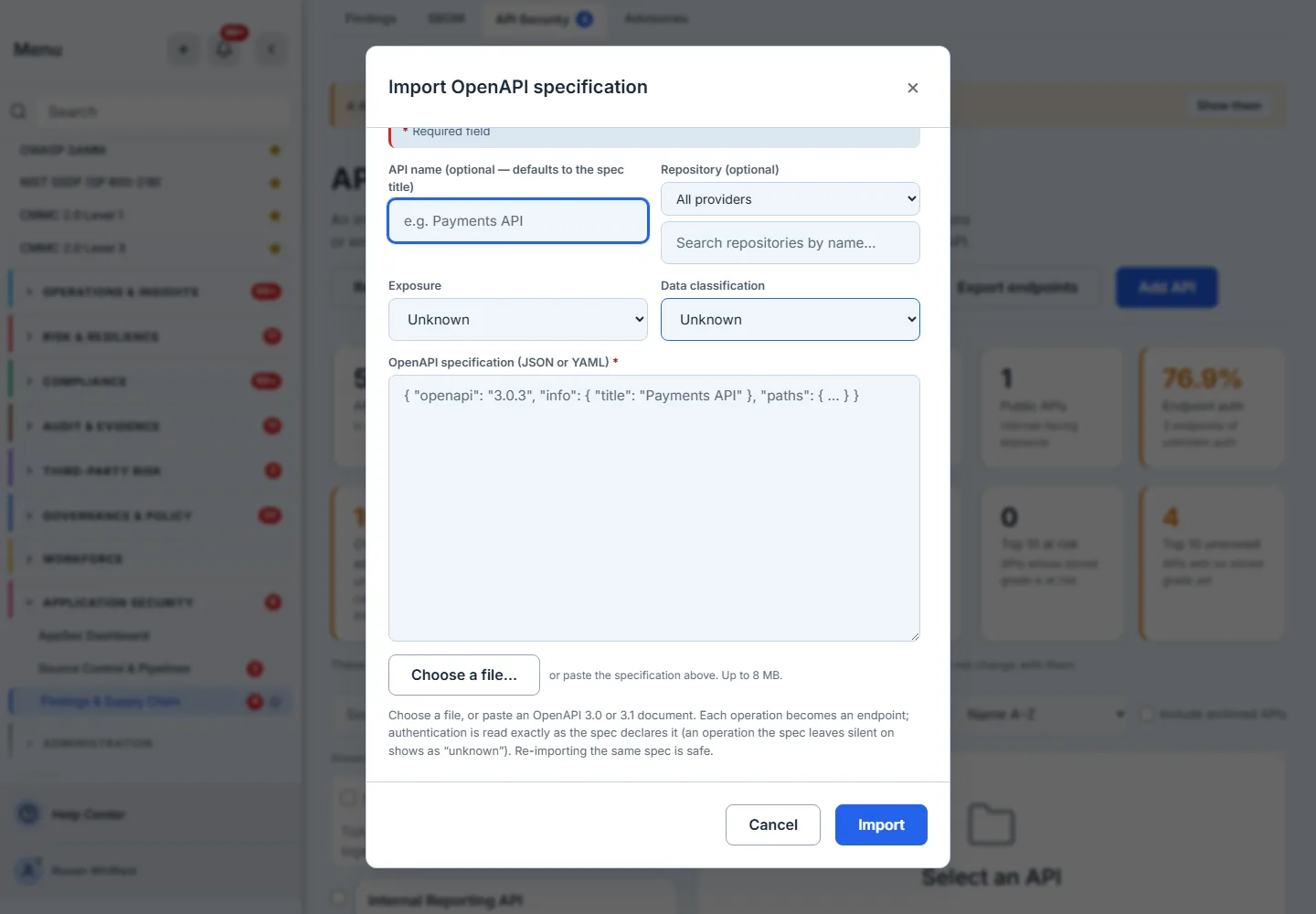 The Import OpenAPI specification dialog open over the register, scrolled to its foot: an optional API name field defaulting to the spec title, an optional repository picker with a provider filter and a search box, exposure and data-classification selects both reading Unknown, a required OpenAPI specification text area labelled JSON or YAML holding an example document, a Choose a file button beside the words "or paste the specification above. Up to 8 MB.", and below them the sentence explaining that each operation becomes an endpoint, that authentication is read exactly as the spec declares it — an operation the spec leaves silent on shows as "unknown" — and that re-importing the same spec is safe, with Cancel and Import in the footer.