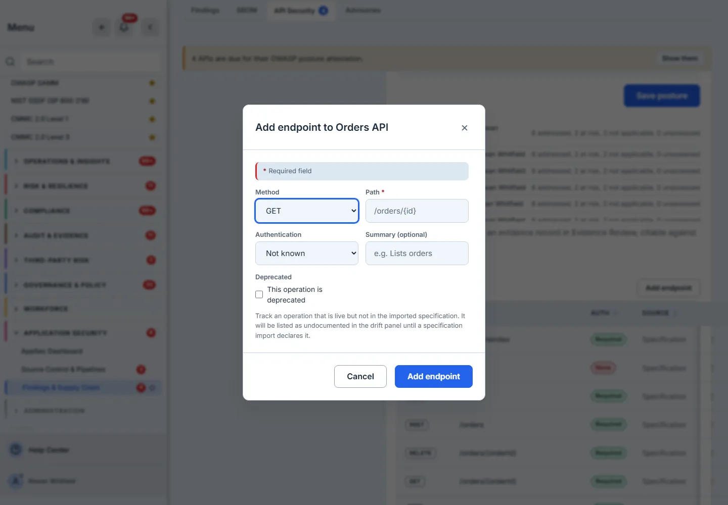 The Add endpoint dialog open over an API's detail: a required-field legend, a Method select, a required Path field, an Authentication select offering Not known, Required and None, an optional summary, and a checkbox marking the operation deprecated, with Cancel and Add endpoint in the footer.