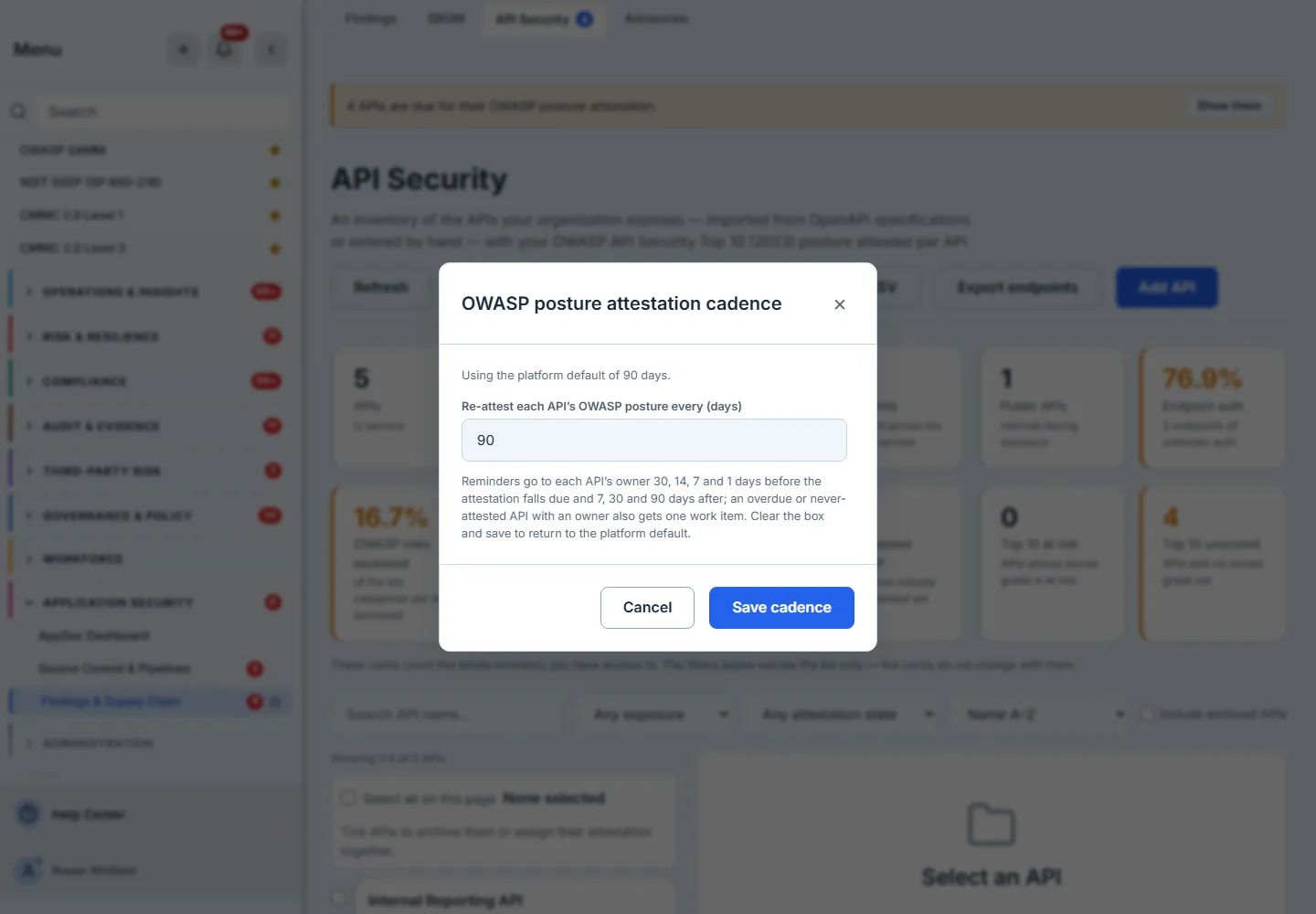 The OWASP posture attestation cadence dialog: a status line reading "Using the platform default of 90 days.", a numeric field labelled "Re-attest each API's OWASP posture every (days)" holding 90, and beneath it the sentence stating that reminders go to each API's owner 30, 14, 7 and 1 days before the attestation falls due and 7, 30 and 90 days after, that an overdue or never-attested API with an owner also gets one work item, and that clearing the box and saving returns to the platform default — with Cancel and Save cadence in the footer.
