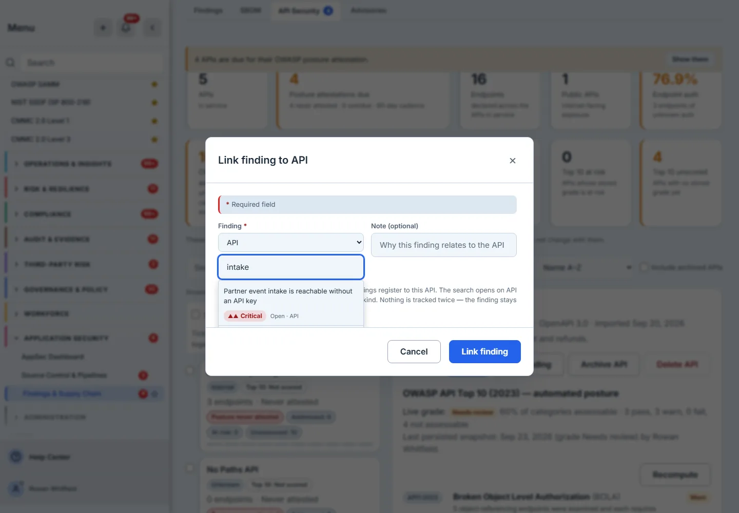The Link finding to API dialog: a required Finding field with a class select reading API, a search box holding the word "intake", and beneath it the matching finding — "Partner event intake is reachable without an API key" with a Critical severity chip, a status of Open and a class of API — beside an optional note field placeheld "Why this finding relates to the API", with Cancel and Link finding in the footer.