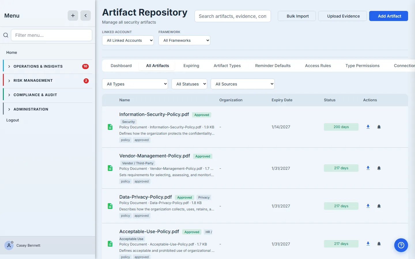 Artifact Repository Dashboard tab — eight artifacts in the repository, including the three finance-sensitive ones (a customer credit application, a Q3 revenue forecast, an office layout) alongside five published policy PDFs.