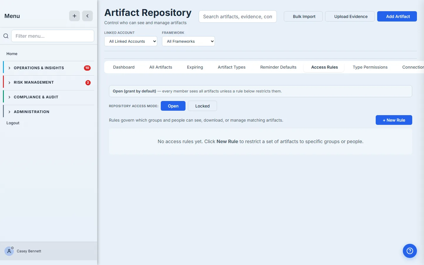 Access Rules tab on a clean repository — the Open banner ("every member sees all artifacts unless a rule below restricts them"), the Open/Locked toggle, and the "+ New Rule" button. No rules yet.