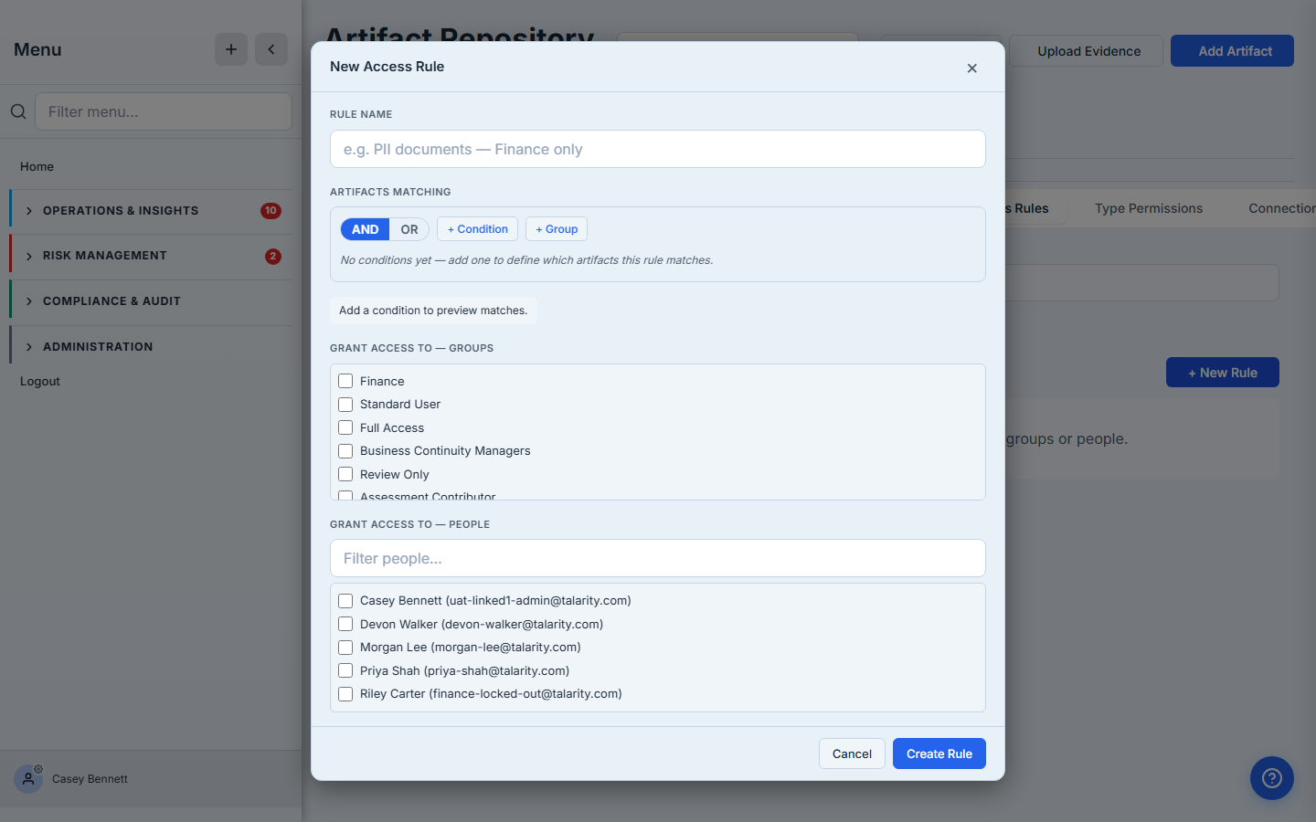 New Access Rule modal — empty state. Rule name field, the Artifacts matching block with AND/OR and "+ Condition", the Grant access to — Groups list with the org's six groups, the People filter, and the three Access Level radios defaulting to View.