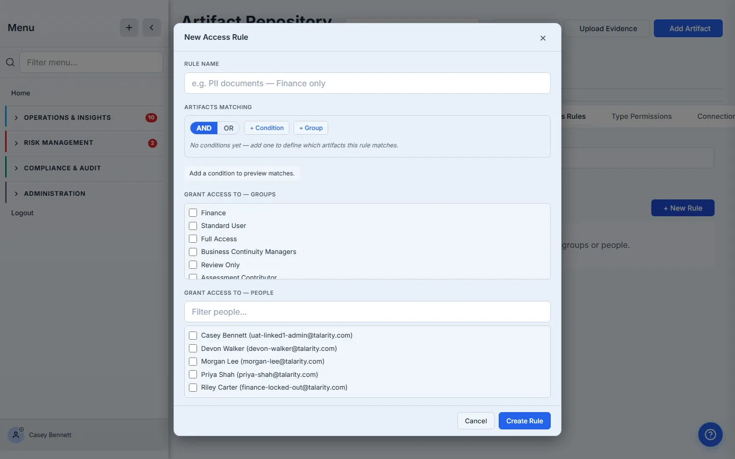New Access Rule modal — empty state. Rule name field, the Artifacts matching block with AND/OR and "+ Condition", the Grant access to — Groups list with the org's six groups, the People filter, and the three Access Level radios defaulting to View.