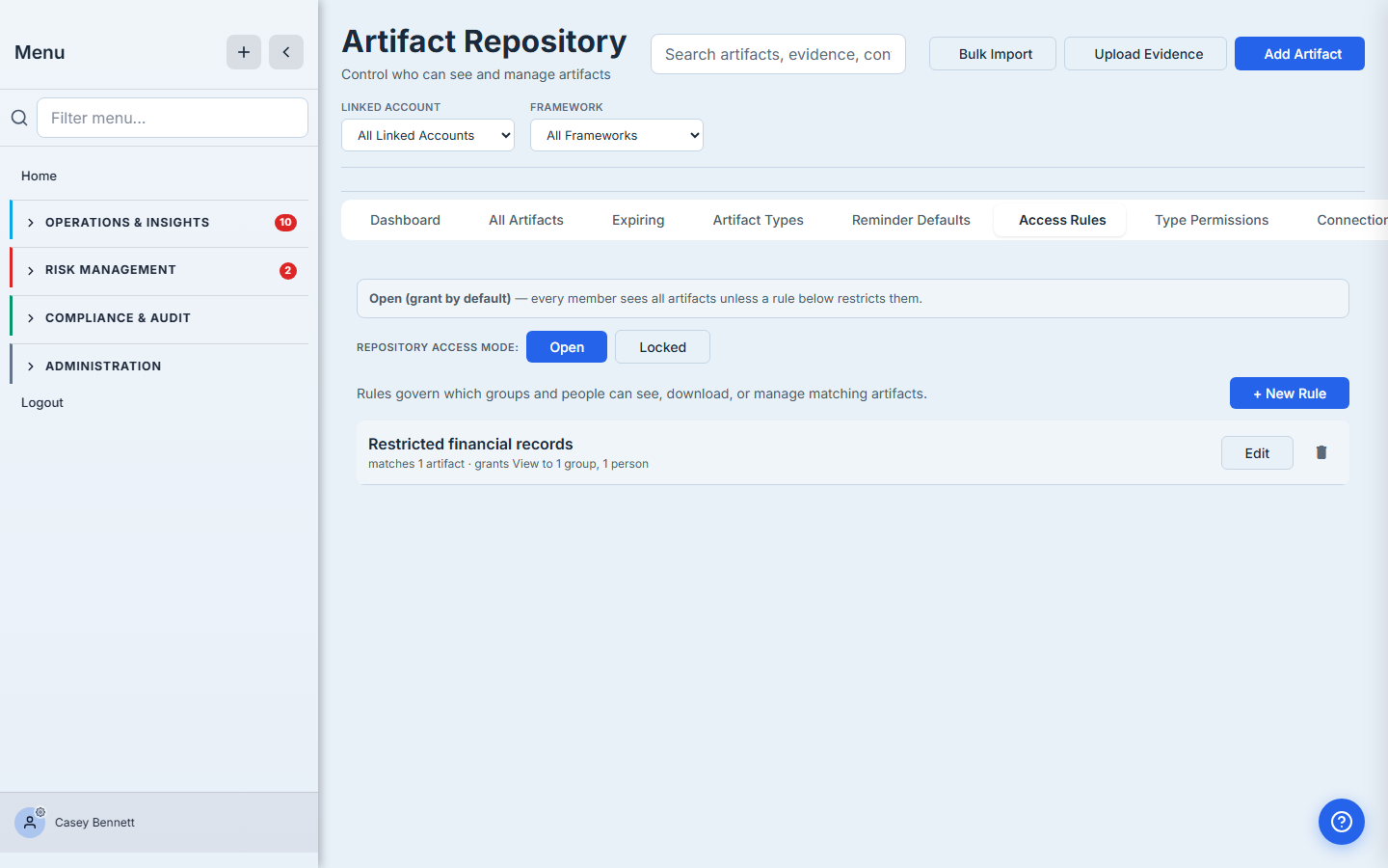 Access Rules tab — the Restricted financial records rule listed: name, "matches 1 artifact · grants View to 1 group, 1 person", plus Edit and delete affordances.