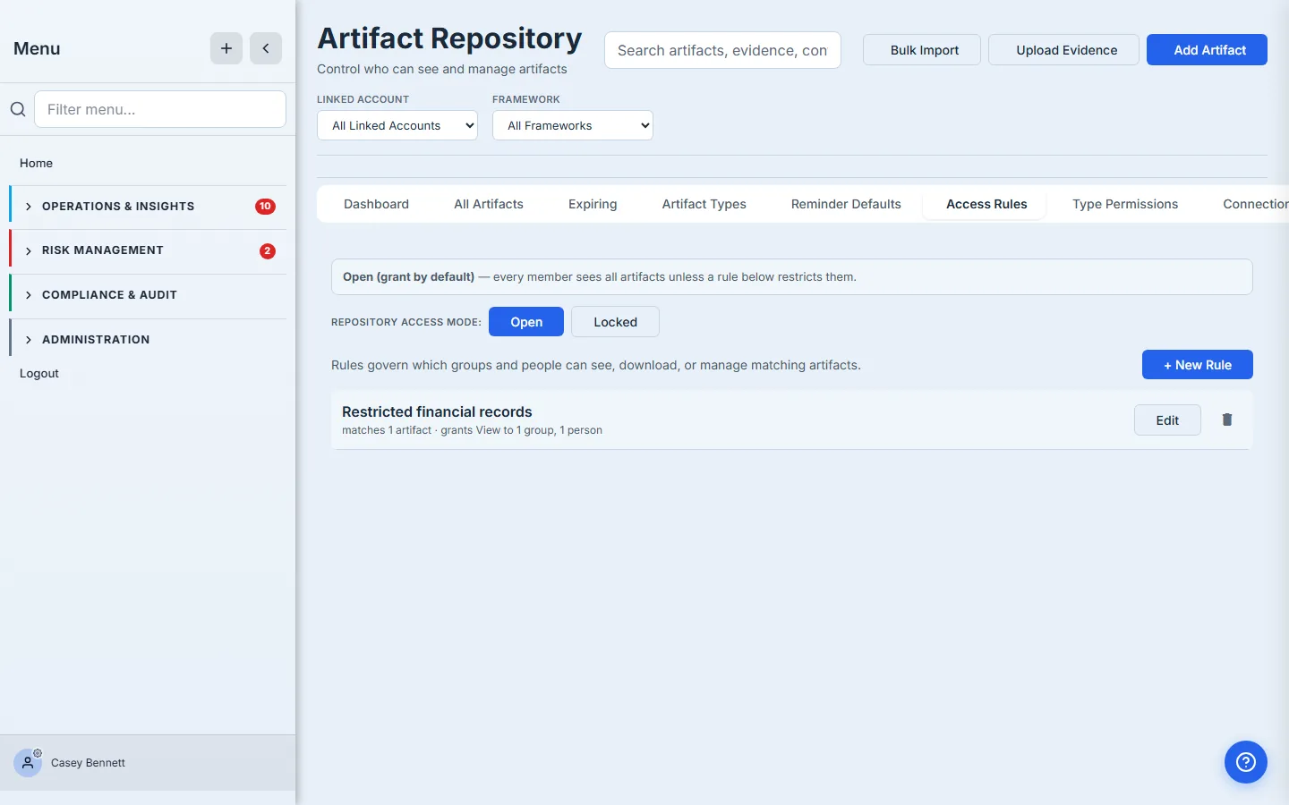 Access Rules tab — the Restricted financial records rule listed: name, "matches 1 artifact · grants View to 1 group, 1 person", plus Edit and delete affordances.