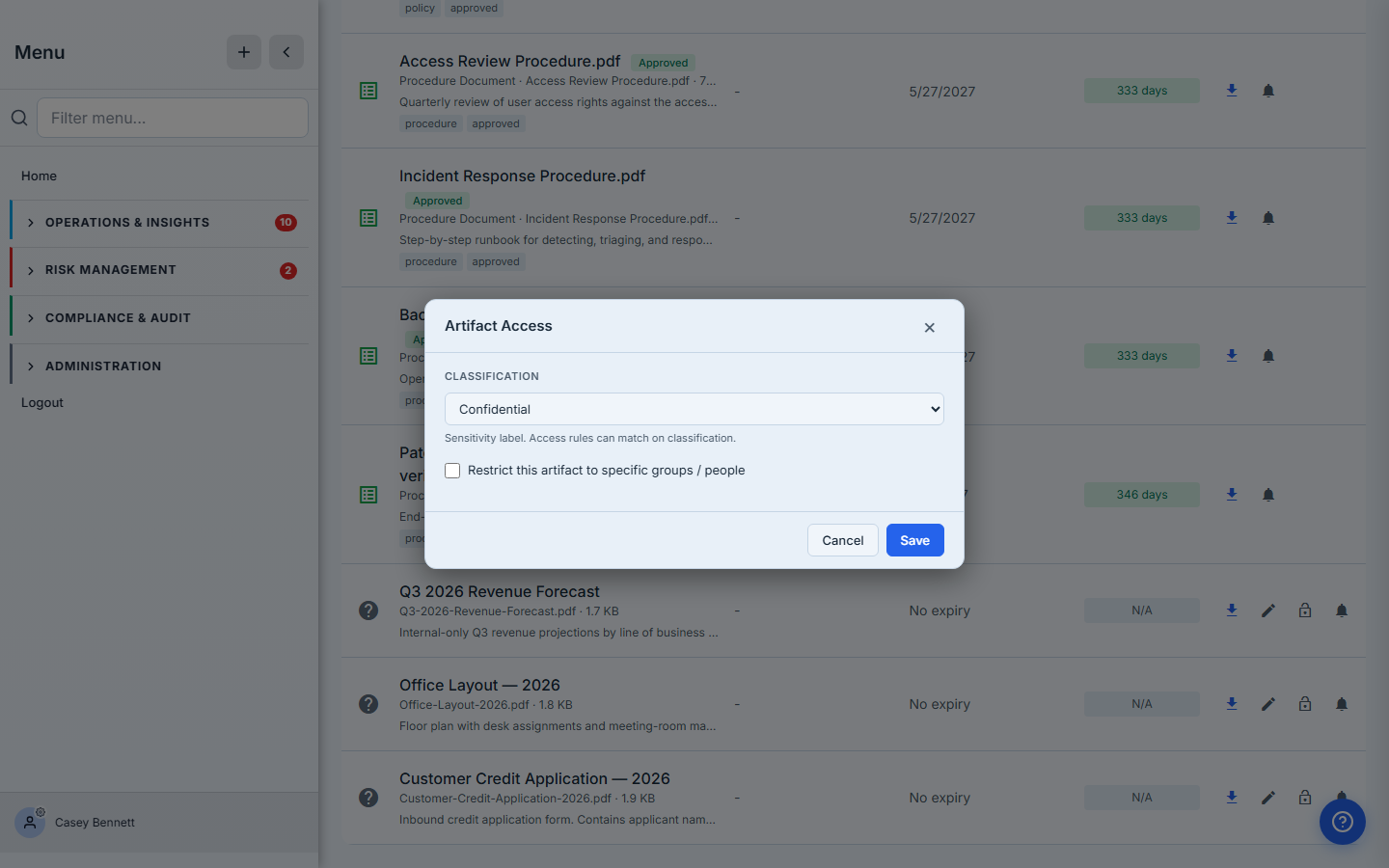 Per-item Artifact Access modal opened on Q3 2026 Revenue Forecast — Classification dropdown shows Confidential, "Restrict this artifact to specific groups / people" toggle off.