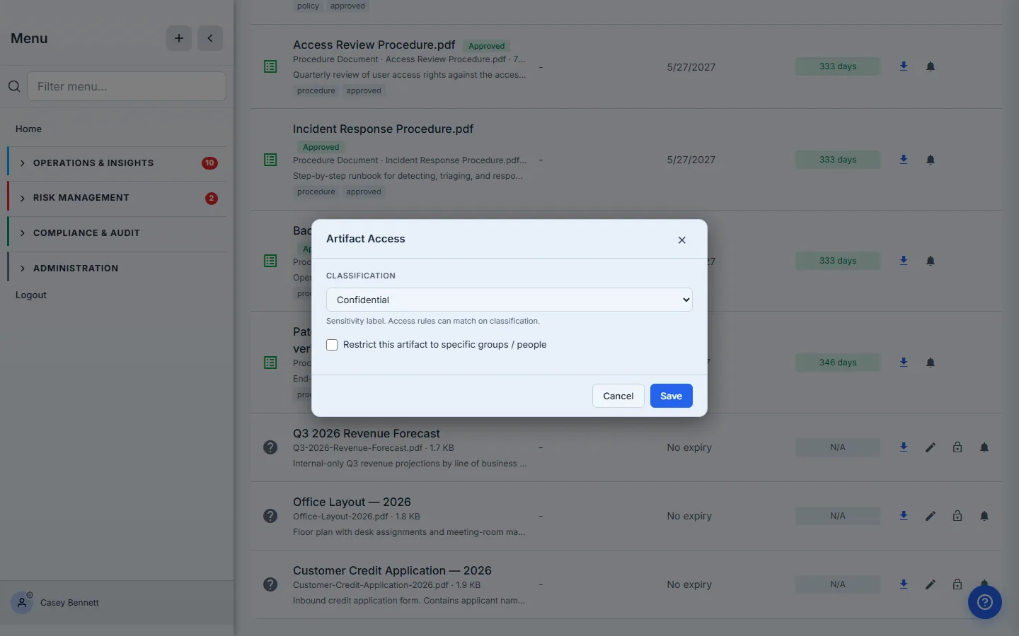 Per-item Artifact Access modal opened on Q3 2026 Revenue Forecast — Classification dropdown shows Confidential, "Restrict this artifact to specific groups / people" toggle off.