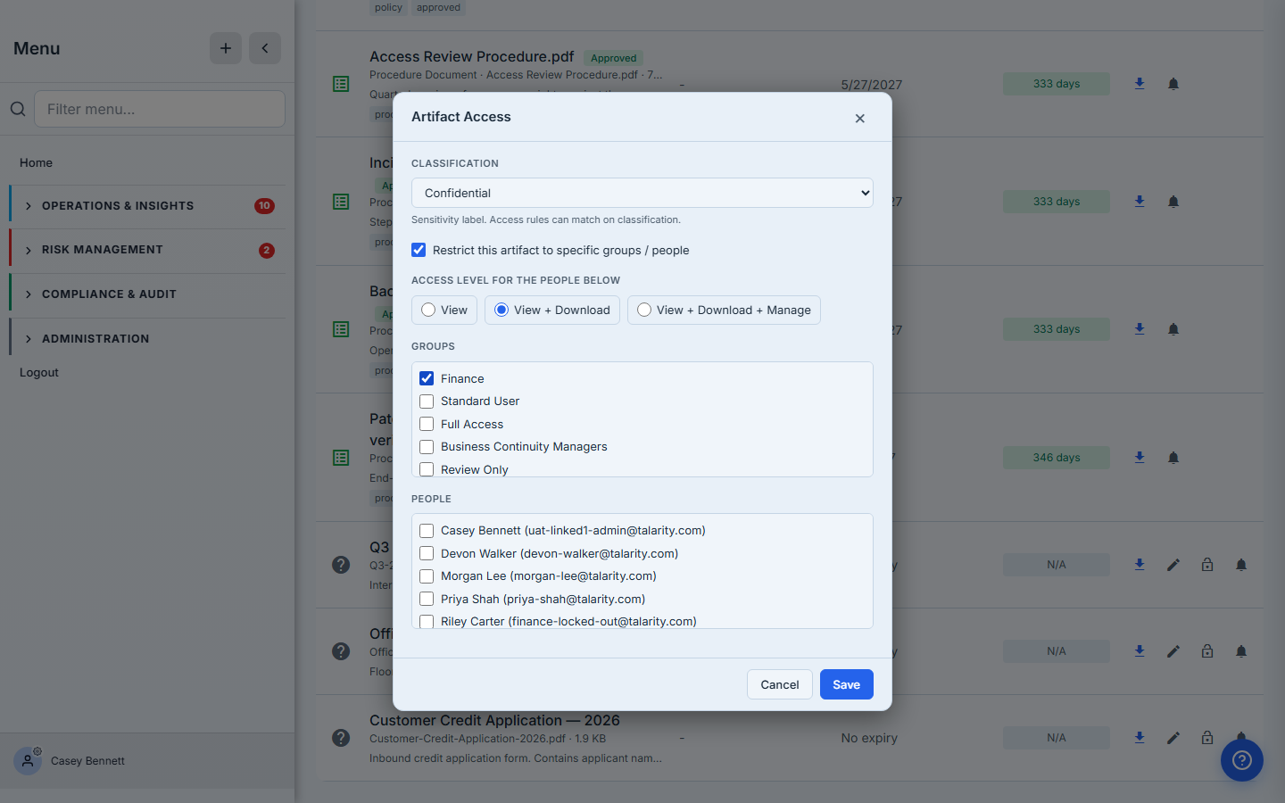 Per-item modal with Restrict toggled on. Access level View + Download, Groups list showing Finance checked, and the org's members (Casey Bennett, Devon Walker, Morgan Lee, Priya Shah, Riley Carter) all unchecked under People.