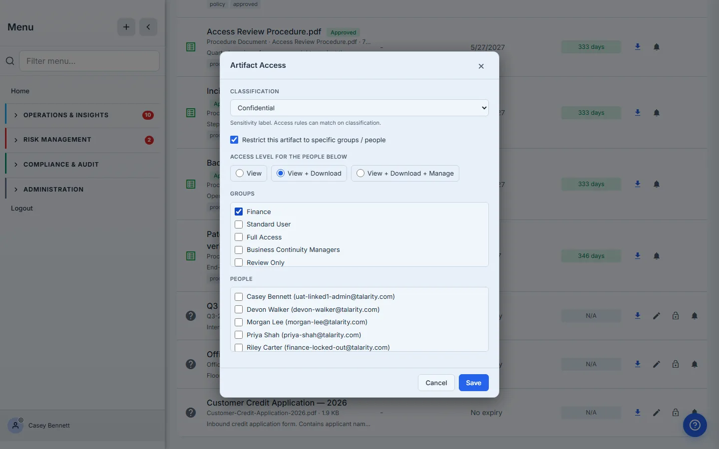 Per-item modal with Restrict toggled on. Access level View + Download, Groups list showing Finance checked, and the org's members (Casey Bennett, Devon Walker, Morgan Lee, Priya Shah, Riley Carter) all unchecked under People.