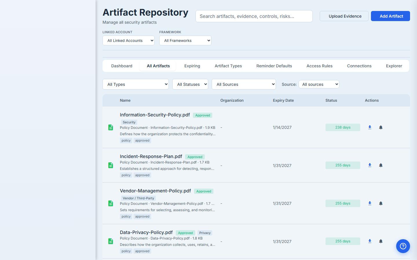 All Artifacts seen by Riley Carter (Standard User, not in Finance) — only the unrestricted policy artifacts appear. The Customer Credit Application and the Q3 2026 Revenue Forecast are gone from her list entirely.