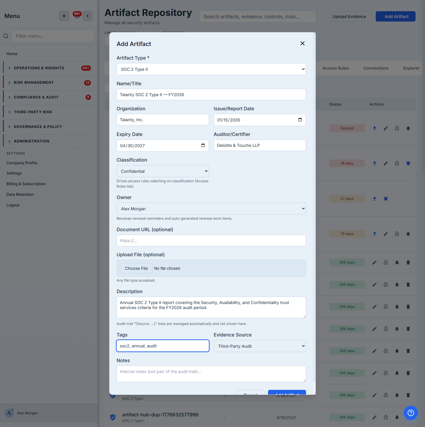 Add Artifact form — Artifact Type, Name, Organization, Issue and Expiry dates, Auditor, Classification, Owner, file picker, Description, Tags, and Evidence Source, filled in for a SOC 2 Type II report.